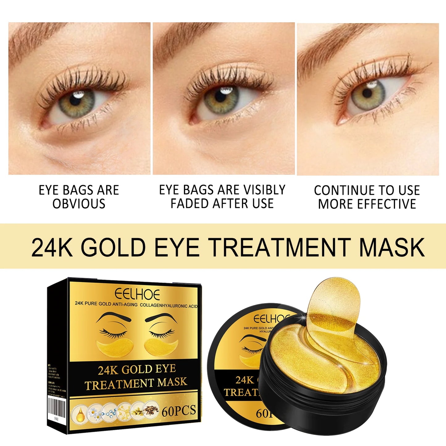 Máscara para Olhos Ouro 24k com Colágeno — 60 Patches Anti-Olheira e Anti-Rugas