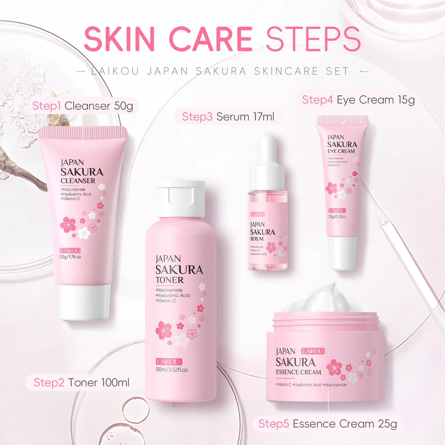 Kit Skincare Sakura LAIKOU 5 Peças — Rotina K-Beauty Completa para Pele de Vidro