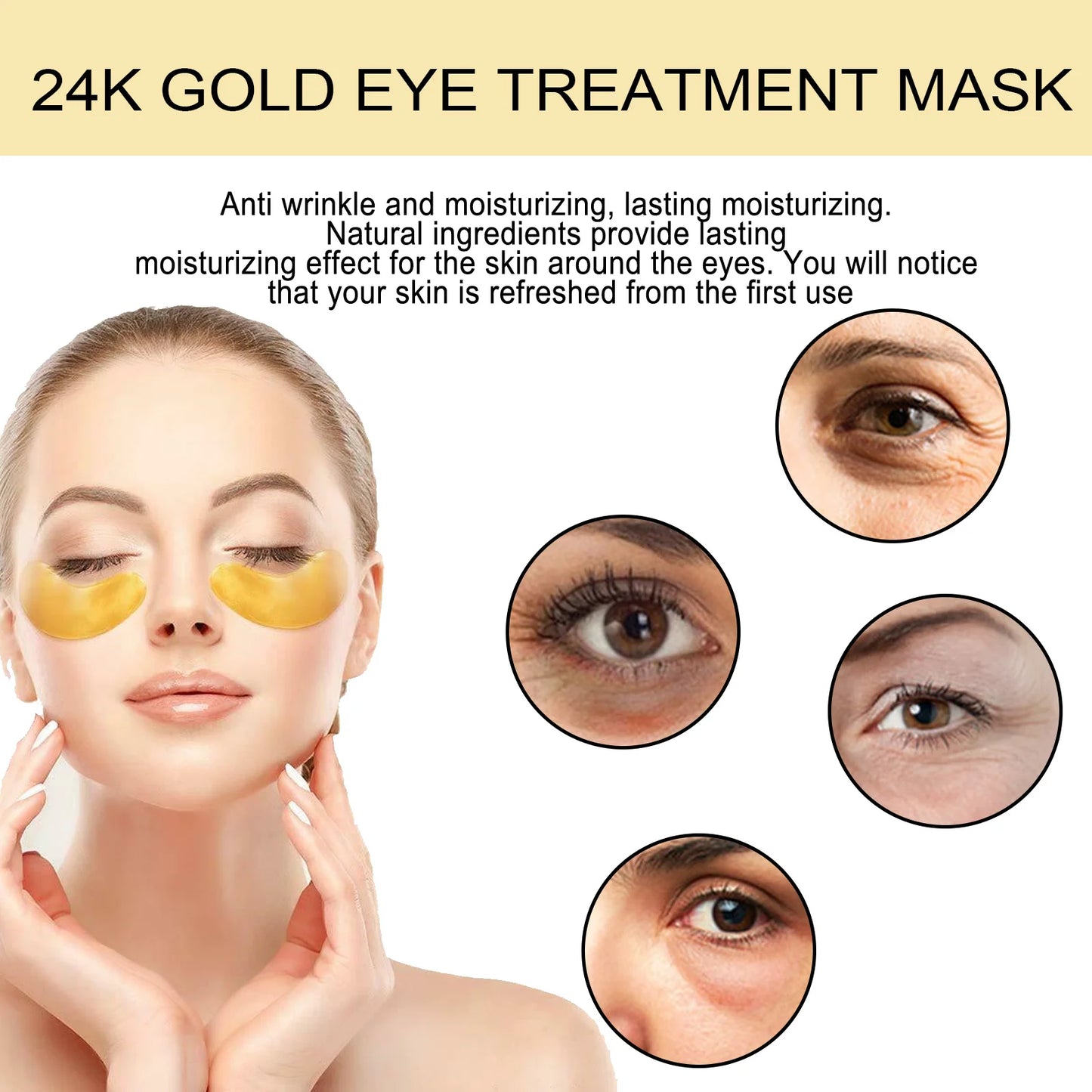 Máscara para Olhos Ouro 24k com Colágeno — 60 Patches Anti-Olheira e Anti-Rugas