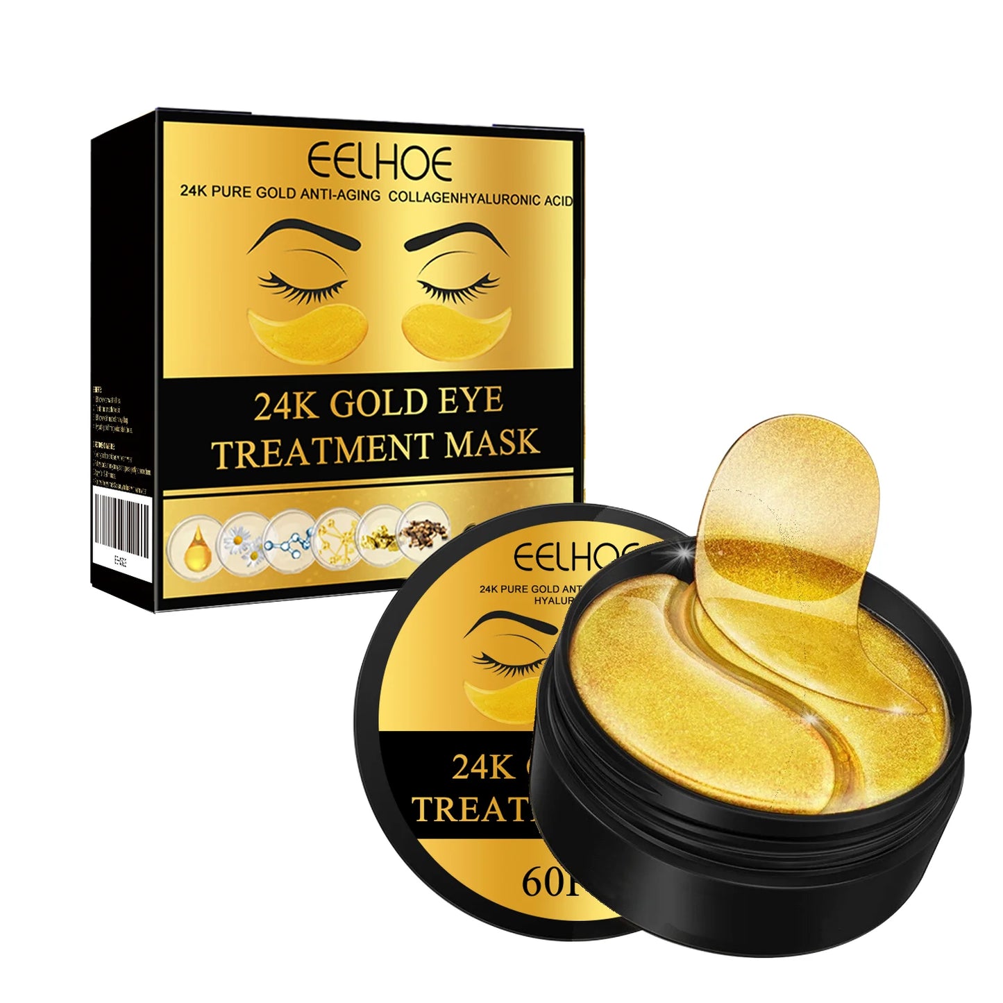 Máscara para Olhos Ouro 24k com Colágeno — 60 Patches Anti-Olheira e Anti-Rugas