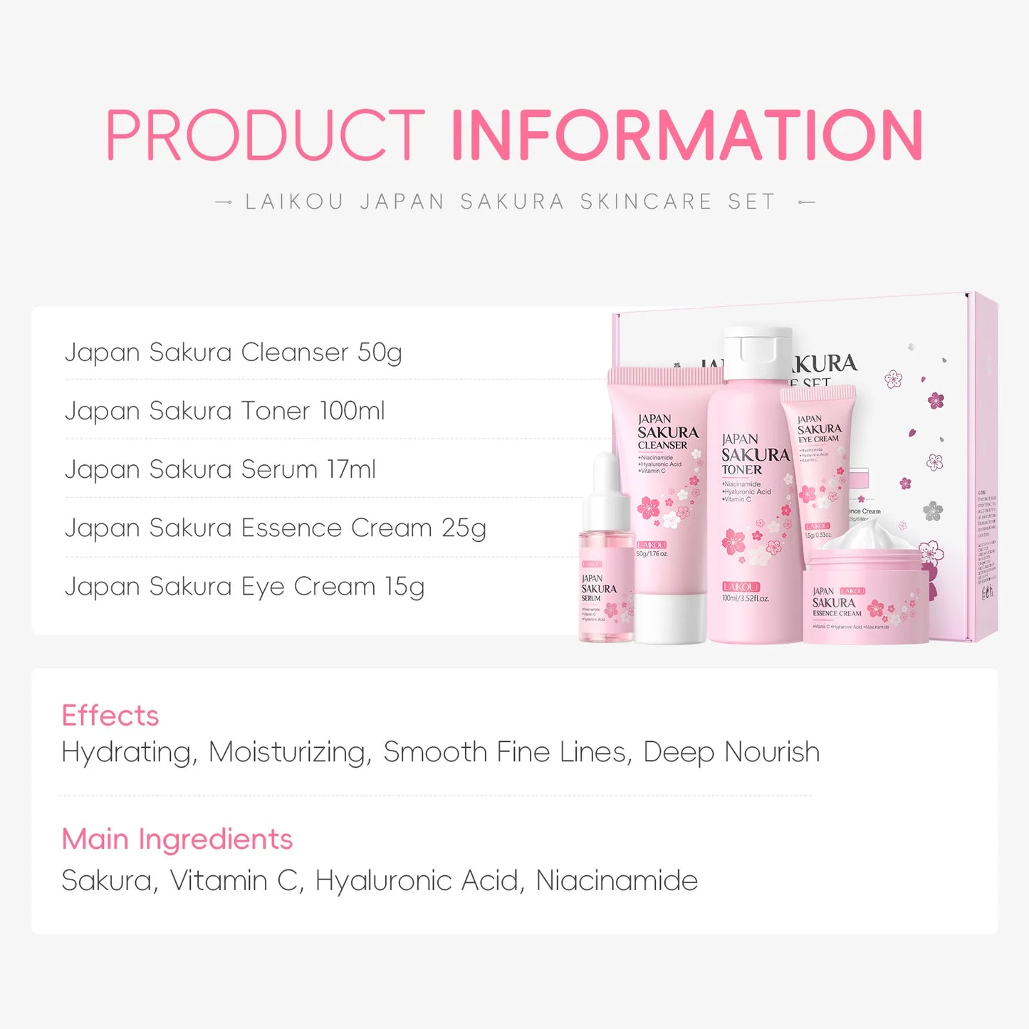 Kit Skincare Sakura LAIKOU 5 Peças — Rotina K-Beauty Completa para Pele de Vidro