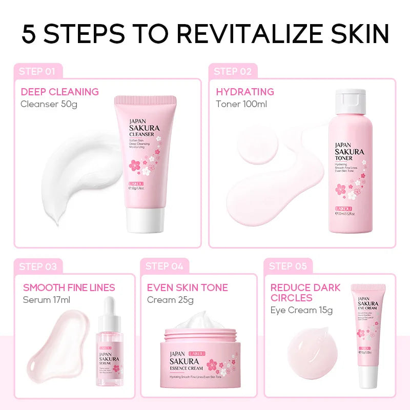 Kit Skincare Sakura LAIKOU 5 Peças — Rotina K-Beauty Completa para Pele de Vidro