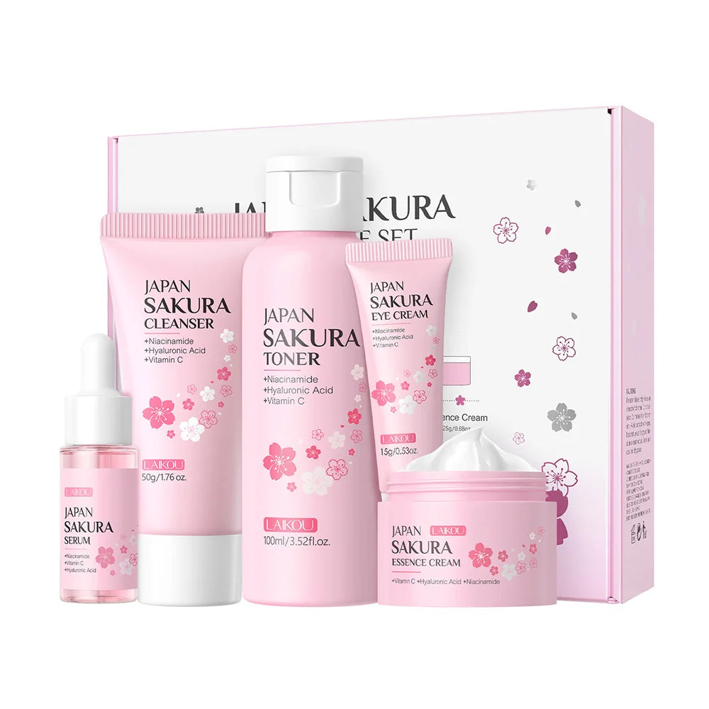 Kit Skincare Sakura LAIKOU 5 Peças — Rotina K-Beauty Completa para Pele de Vidro