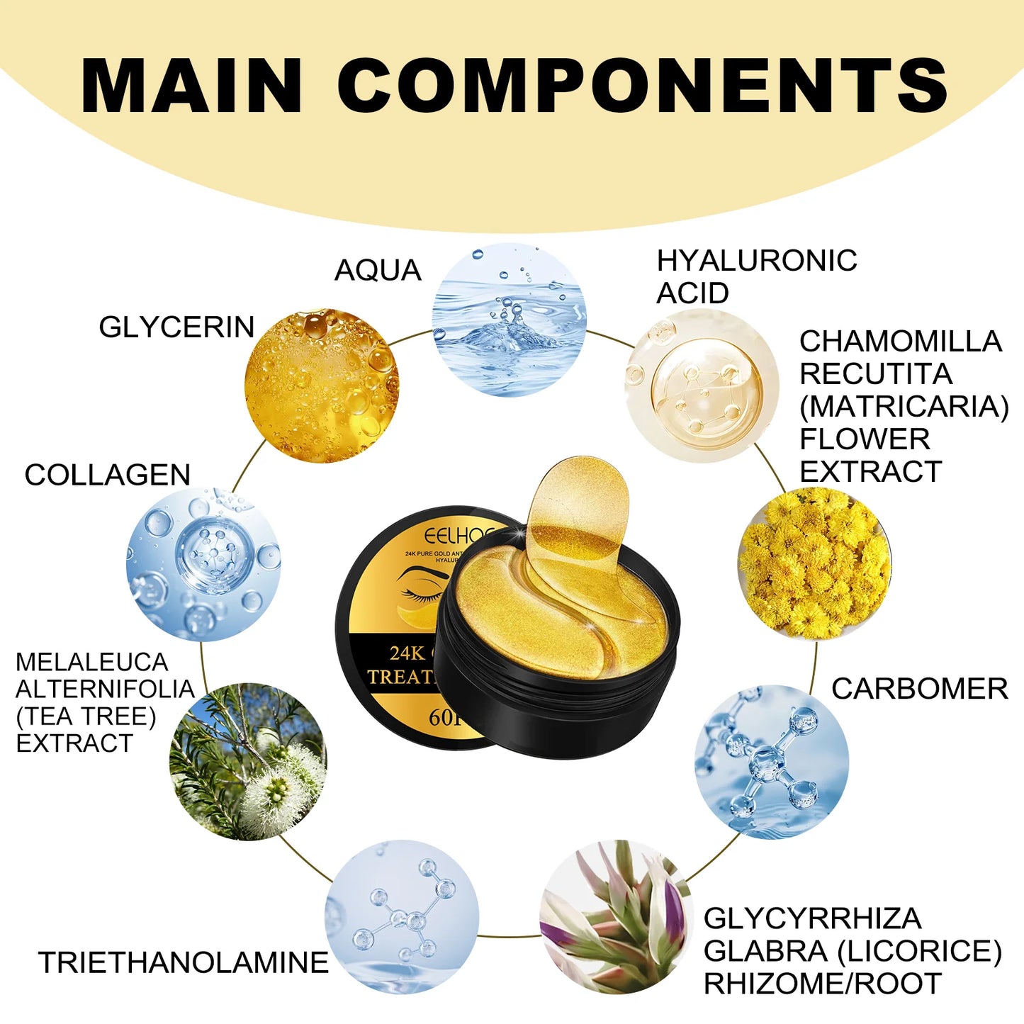 Máscara para Olhos Ouro 24k com Colágeno — 60 Patches Anti-Olheira e Anti-Rugas
